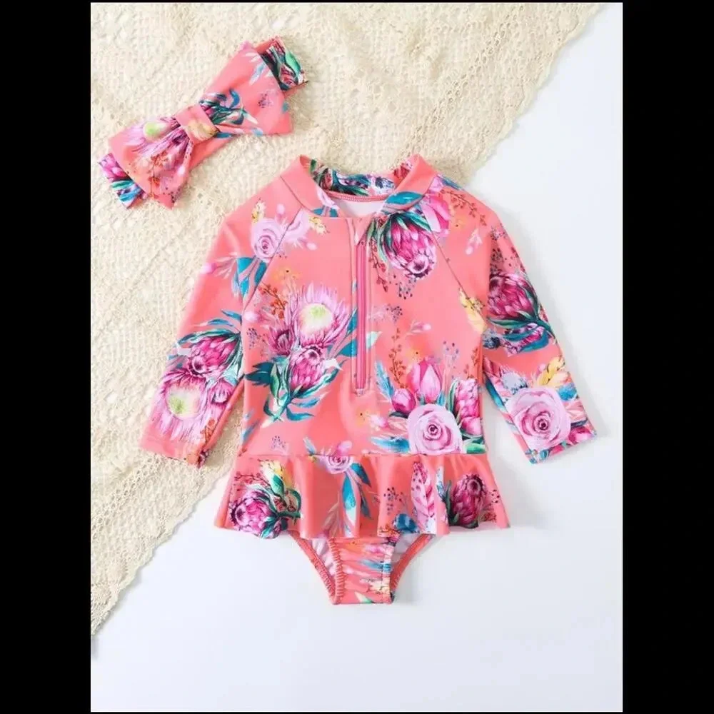 SHEIN Baby Girl Floral Print Raglan Sleeve Peplum One Piece Swimsuit Size 80